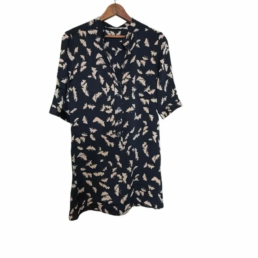 Tucker Butterfly Button Front Silk Blend 3/4 Sleeve Tunic Shirt Dress Navy Small